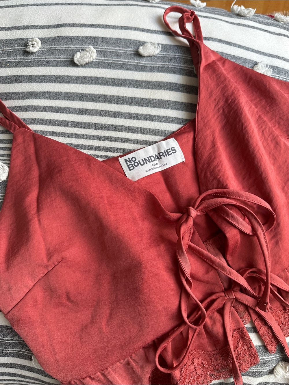 No Boundaries Rust Camisole with Lace Hem and Tie-Front